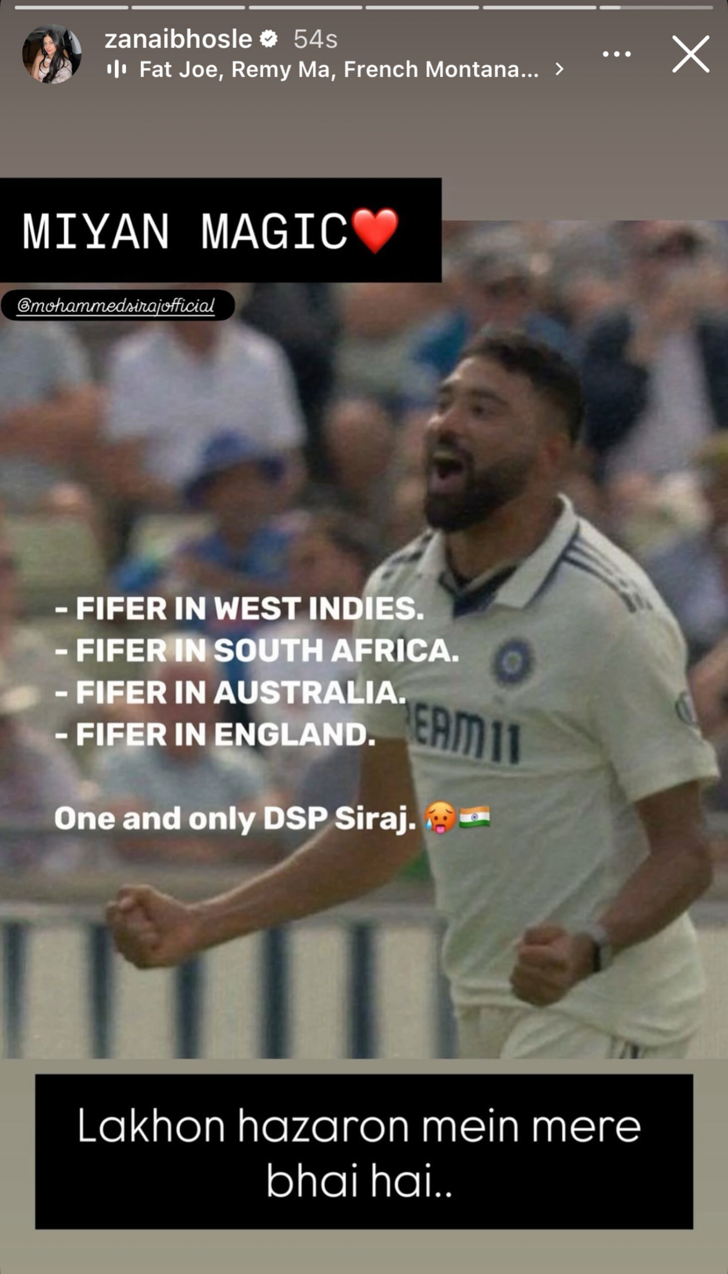 Zanai Bhosle’s heartfelt post for Mohammed Siraj (Image via Instagram-@zanaibhosle)